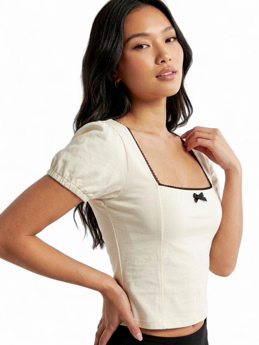 Coquette Cream Puff Sleeve Bow Top 95% cotton XS Soft Girl Babydoll